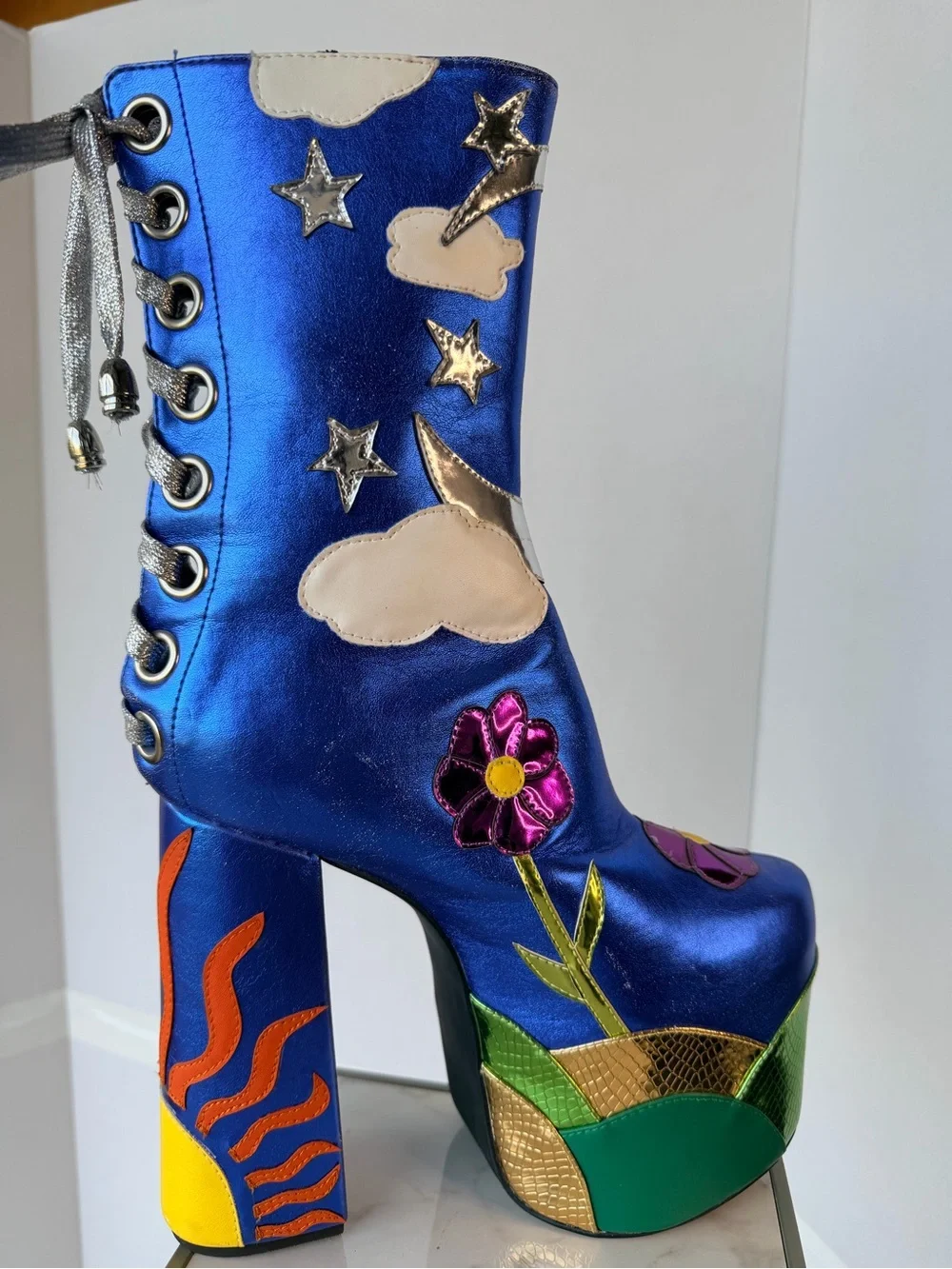 Dolls Kill Metallic Blue Flower & Cloud Platform Boots